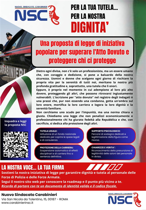 Raccolta firme Proposta di legge di iniziativa popolare - Disposizioni per il superamento dell'"Atto Dovuto" e per la tutela del personale delle Forze di Polizia e delle Forze Armate nell'esercizio delle proprie funzioni.